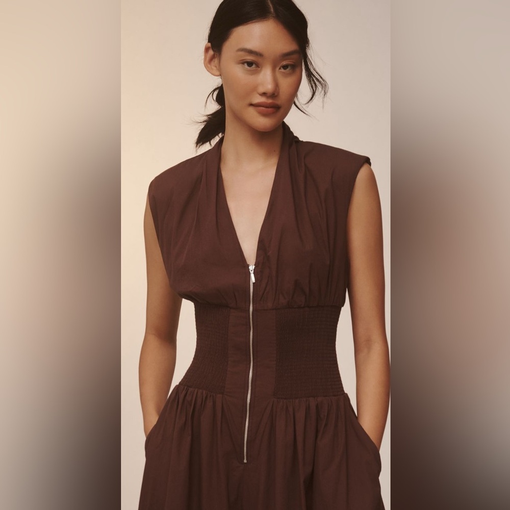 Anthropologie’s The Tommie Cap-Sleeve front Zipper smocked Jumpsuit NWT - Picture 3 of 5